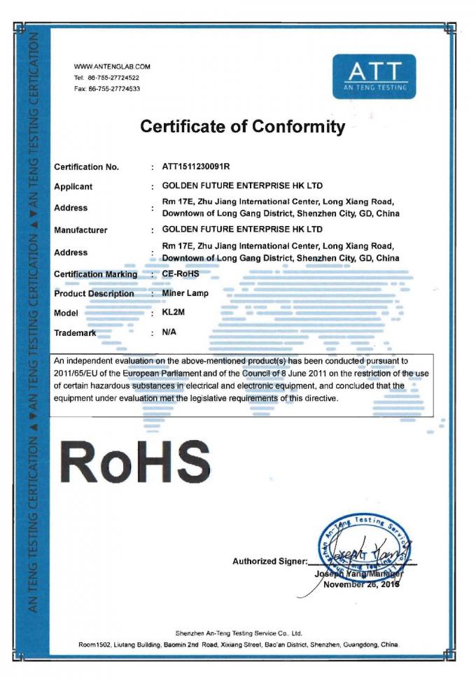 certificado do farol dos mineiros/lâmpada de mineração sem corda do farol/tampão
